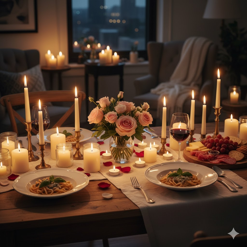 Romantic evening décor with candles and florals