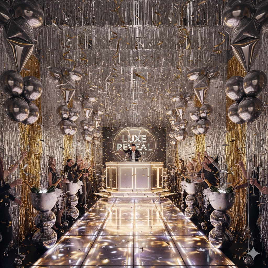 Luxurious celebration décor with balloons and lights