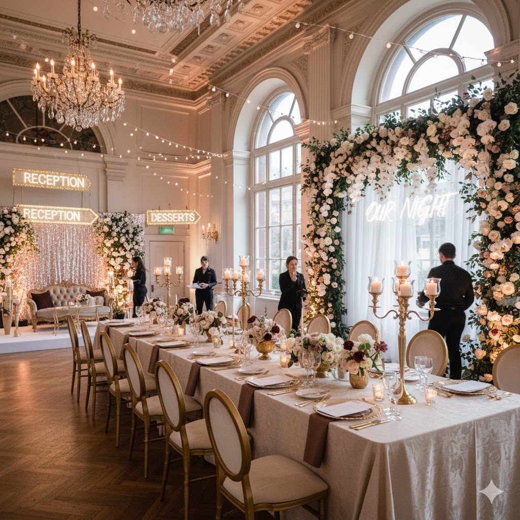 Grand ballroom decorated for luxury event